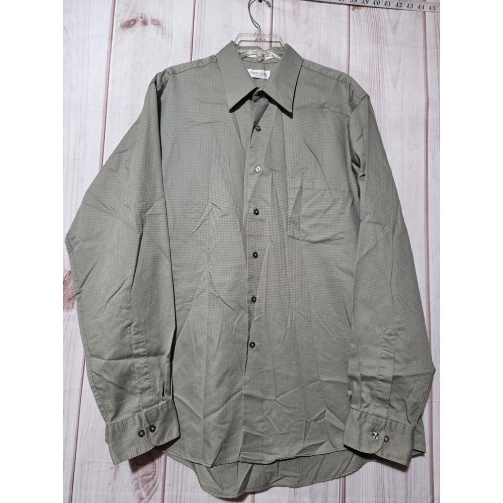 Van Heusen Mens Sateen Dress Shirt Sage Green Micro Grid 16.5 36/37 Large L Long